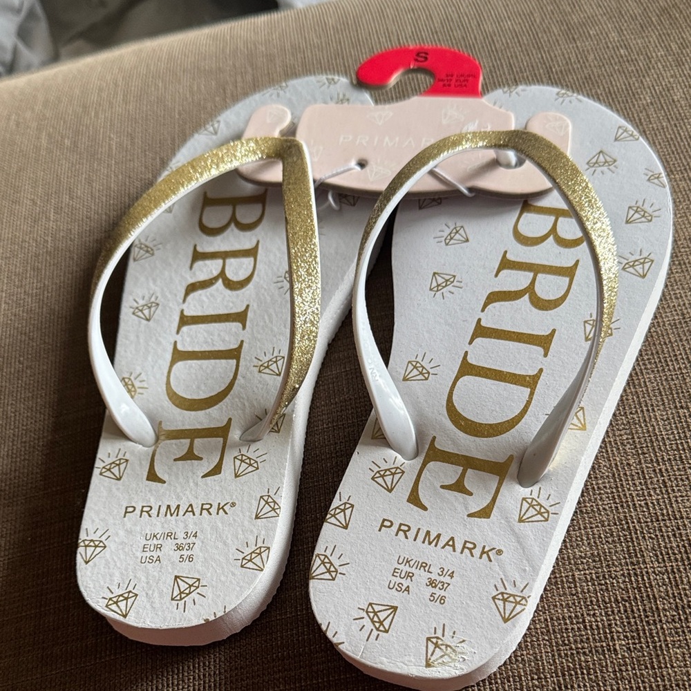 Primark Gold and White Bride Flip Flops